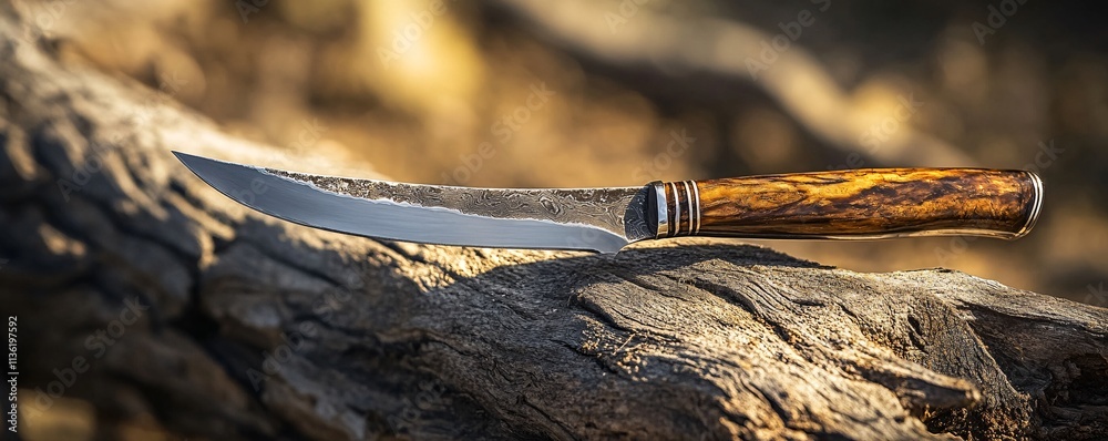 Hunting knife resting on log in sunlight Hunting knife resting on log in sunlight
