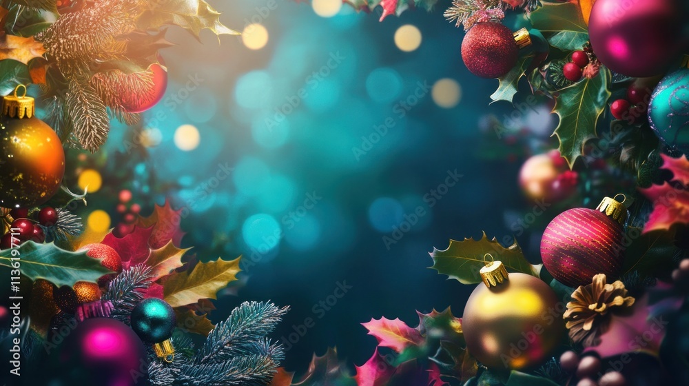 A vibrant Christmas decoration background template in raster design, featuring colorful Christmas ornaments, holly leaves, and a glowing festive atmosphere.
