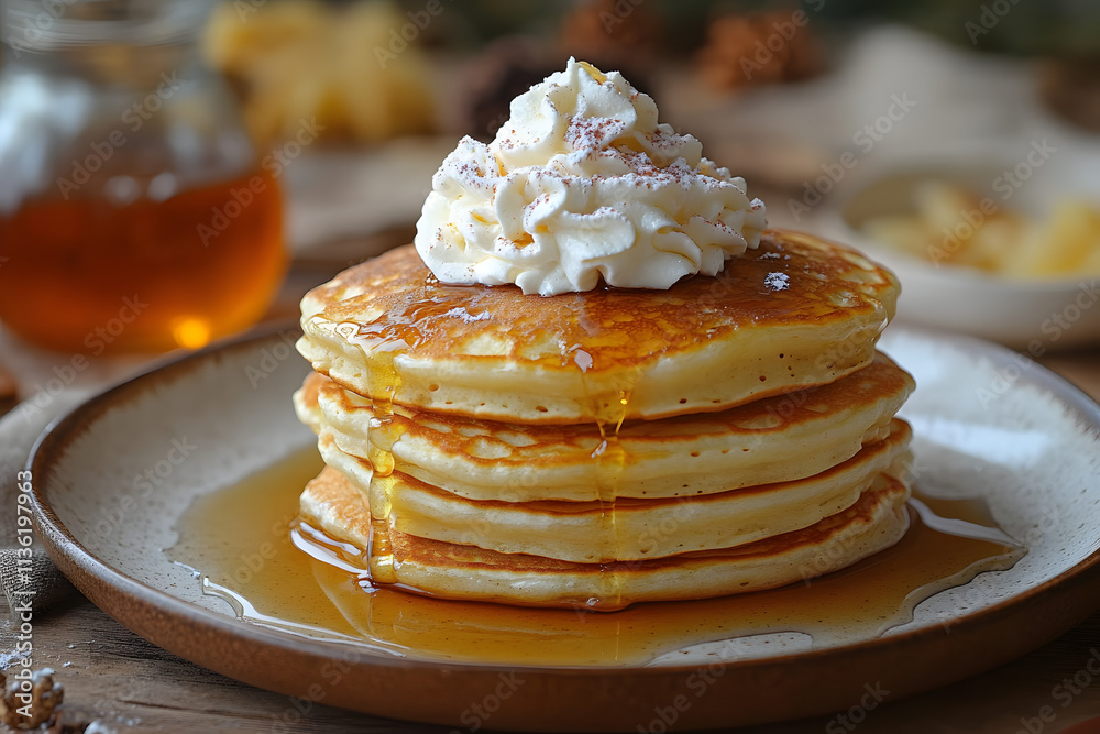 Delicious homemade pancakes stacked high on a plate, topped with fresh whipped cream and syrup Delicious homemade pancakes stacked high on a plate, topped with fresh whipped cream and syrup