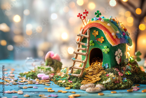 A charming leprechaun trap features a vibrant green house adorned with flowers and a flag. Surrounding it are shiny coins, enhancing its allure for magical beings Patrick's Day photo