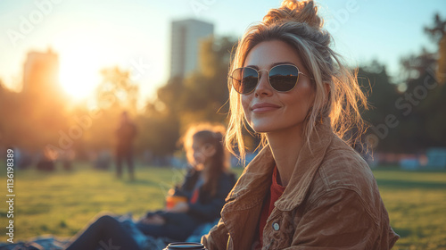 A soccer mom relaxes in the park on a sunny afternoon, dressed in sporty clothing and sunglasses, enjoying quality time with friends while soaking up the sun