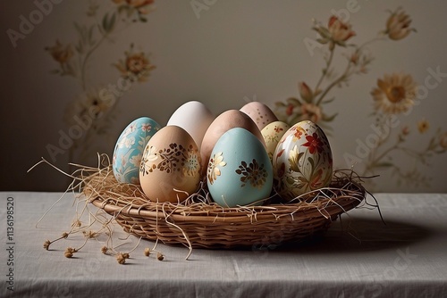 Easter decorative eggs. Painted eggs in a straw basket close-up on the table.