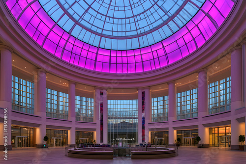 Grand interior atrium with pink illuminated dome ceiling at dusk.