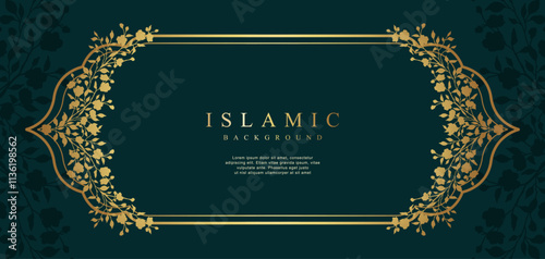 Islamic Arabic Luxury Background.  Elegant Golden Frame with decorative Floral Pattern on a green background. Vector banner template design