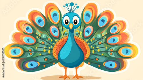 close-up view of cartoon peacock sticker against white background.ai generative
