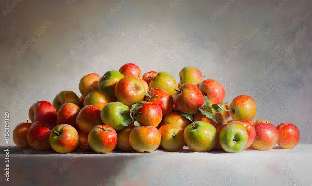 Still life painting of a pile of red and green apples on a white surface. Still life painting of a pile of red and green apples on a white surface.