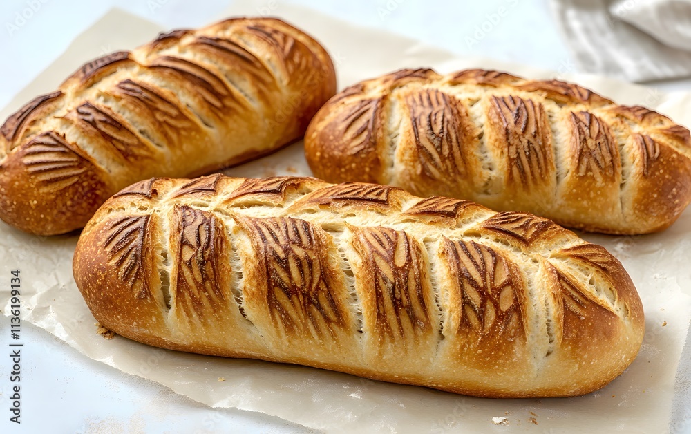 Three freshly baked loaves of bread with decorative scoring on a light background. Three freshly baked loaves of bread with decorative scoring on a light background.