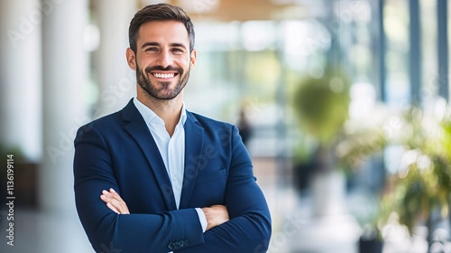 Portrait of a smiling businessman with arms crossed in modern office building