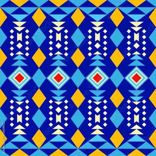 Vibrant geometric pattern featuring blue, yellow, and red shapes, creating lively and dynamic design. Perfect for textiles, wallpapers, or modern art projects