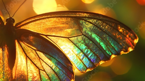 A brightly colored and shiny butterfly, showing its wings up close, allowing the intricate details to be clearly seen and beautifully captured.