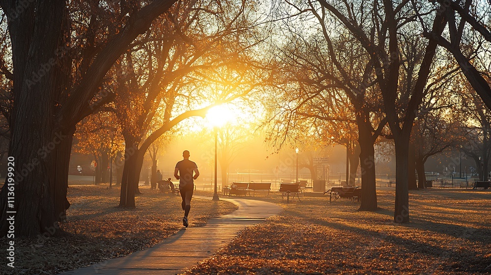 A man jogging in a park during sunrise, wearing a fitness tracker, symbolizing the start of his New Year resolutions for health and fitness, vibrant colors, real photo, stock photograph A man jogging in a park during sunrise, wearing a fitness tracker, symbolizing the start of his New Year resolutions for health and fitness, vibrant colors, real photo, stock photograph