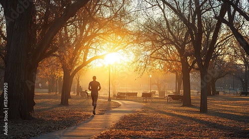 A man jogging in a park during sunrise, wearing a fitness tracker, symbolizing the start of his New Year resolutions for health and fitness, vibrant colors, real photo, stock photograph