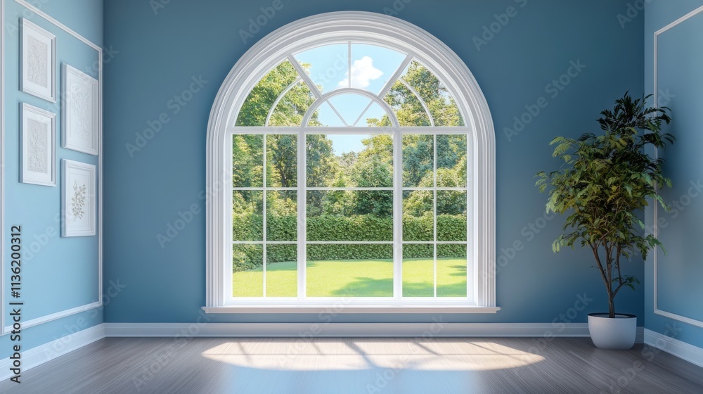 Fototapeta premium Sunlit room with arched window, blue walls, and plant.