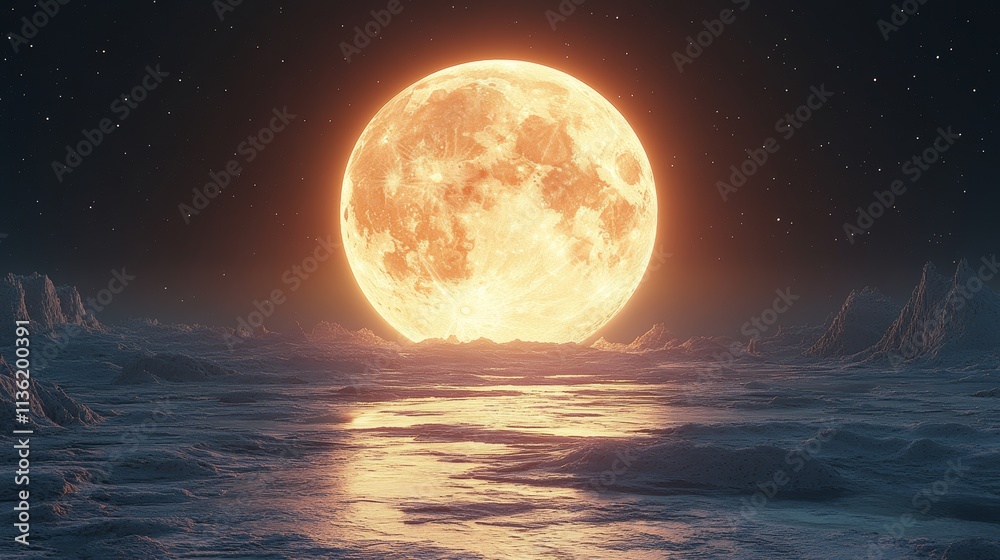 A large orange moon is reflected in the water A large orange moon is reflected in the water