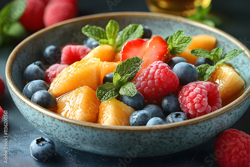healthy mixed fruit salad in a bowl, juicy fresh salad with strawberry, kiwi and blueberry topped with honey