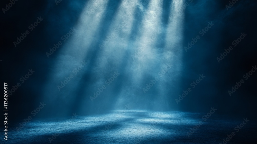 A dark blue room with a blue light shining on the floor A dark blue room with a blue light shining on the floor