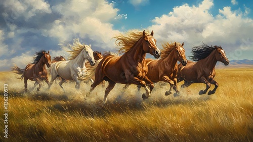 The image of a group of horses running across a meadow. Each horse is a different color such as white, brown, and black. It conveys energy.