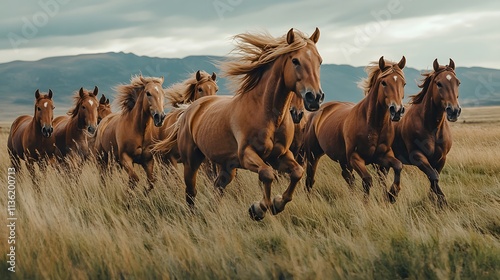 The image of a group of horses running across a meadow. Each horse is a different color such as white, brown, and black. It conveys energy.
