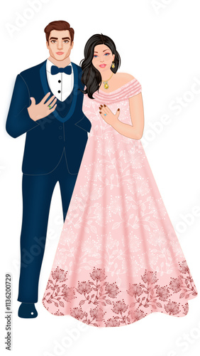 Indian Wedding Couple Standing wearing Royal Blue Suit and Pink Gown in Romantic pose for Engagement Ceremony
