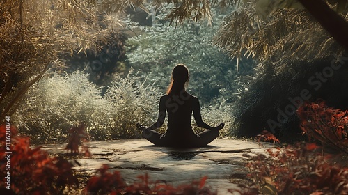 A woman meditating in a peaceful garden, surrounded by nature, symbolizing her New Year resolution for mindfulness and personal growth, soft lighting, real photo, stock photograph