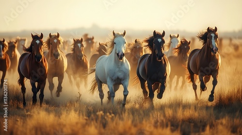 The image of a group of horses running across a meadow. Each horse is a different color such as white, brown, and black. It conveys energy.