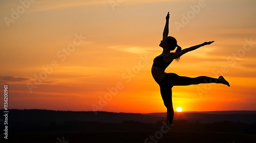 A woman practicing yoga at sunrise, symbolizing personal growth and lessons learned about mindfulness and self-care over the past year, serene environment, real photo, stock photograph