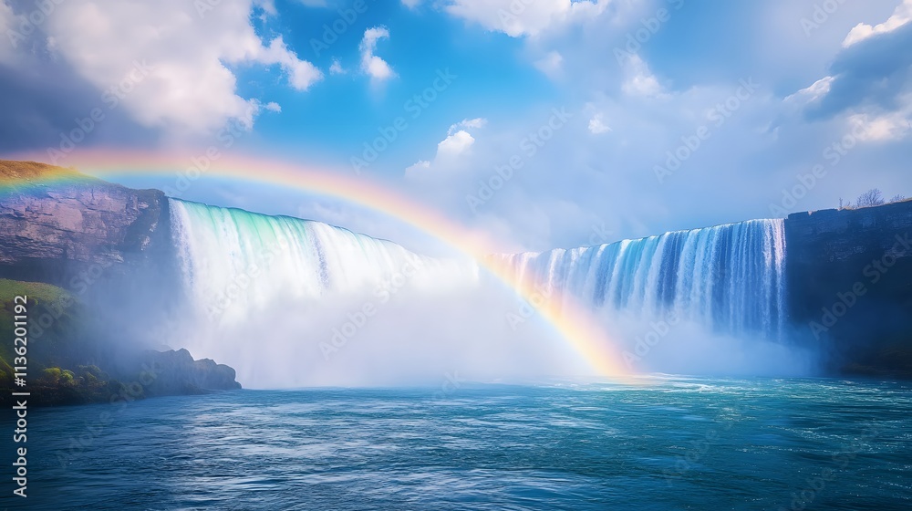 Fototapeta premium A waterfall with a rainbow in the sky. The waterfall is surrounded by rocks and the water is calm. The rainbow adds a sense of wonder and beauty to the scene
