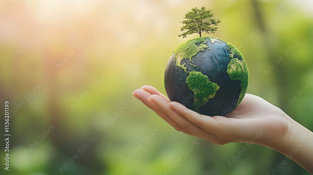 Hand holding a small globe with a tree on top. Hand holding a small globe with a tree on top.