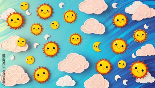 Happy Suns Moons and Clouds in a Blue Sky