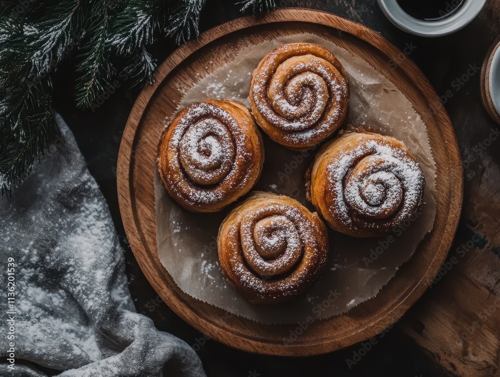 A wooden platter holds four cinnamon rolls dusted with powdered sugar, surrounded by cozy decor. A wooden platter holds four cinnamon rolls dusted with powdered sugar, surrounded by cozy decor.