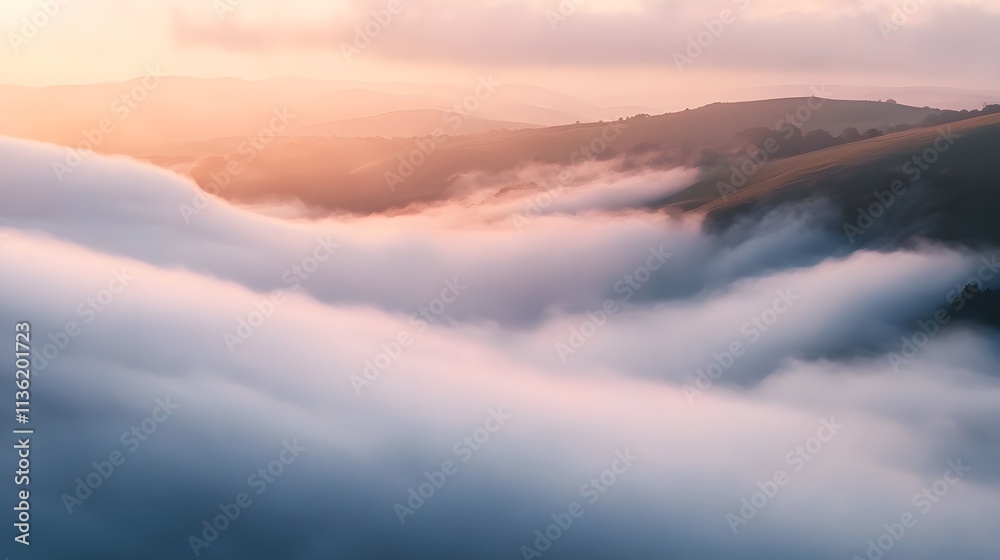 Fototapeta premium The misty mountains are covered with trees and the sky is a beautiful orange color. The misty atmosphere makes the atmosphere look peaceful, quiet and beautiful.