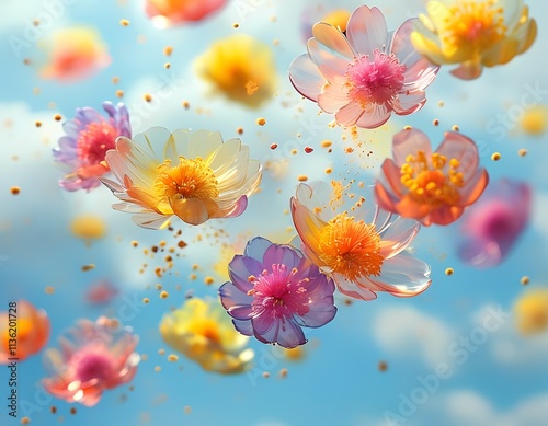 Artistic representation of floating pollen particles from blooming spring flowers photo