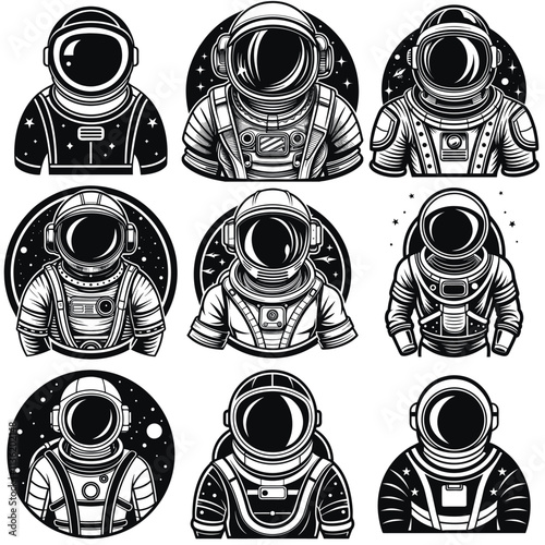 Set of astronaut in various poses in outer space. Spaceman galaxy exploration. Astronomy intergalactic star mission flight, galactic research concept. Flat man for comic, games and other design