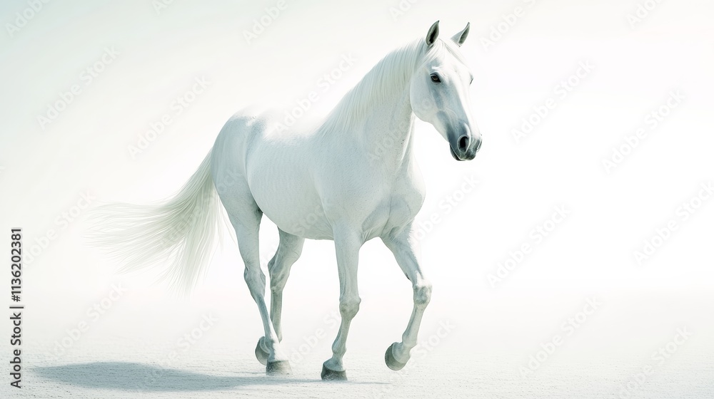 A white horse gracefully walks across a pristine white surface, blending seamlessly with its surroundings. A white horse gracefully walks across a pristine white surface, blending seamlessly with its surroundings.