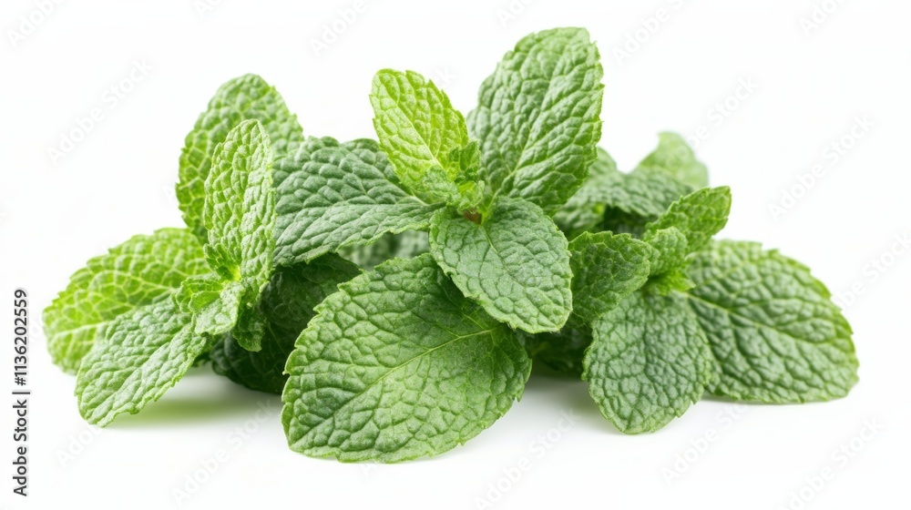 Fresh mint leaves arranged on a clean white background, showcasing their vibrant green color and delicate texture. Fresh mint leaves arranged on a clean white background, showcasing their vibrant green color and delicate texture.