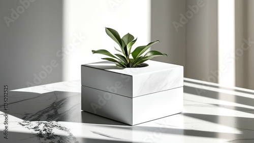 Minimalist interior, white room, small potted plant, ceramic planter, white cube furniture, sunlight and shadows, clean lines, modern aesthetic, peaceful ambiance, simplicity, indoor greenery, archite photo