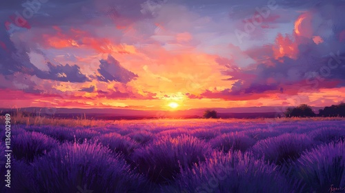 A field of lavender with a sunset in the background. The sky is orange and the sun is setting