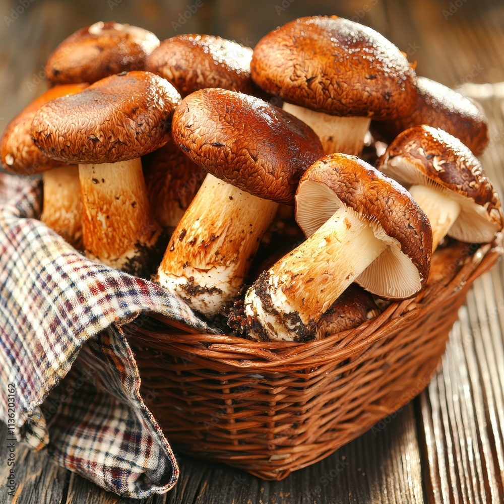 Freshly Harvested Mushrooms in Basket on Rustic Wooden Table