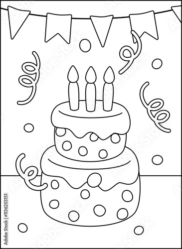 Coloring page. Big birthday cake with candles. Black and white cake. Color me. Isolated vector illustration eps 10