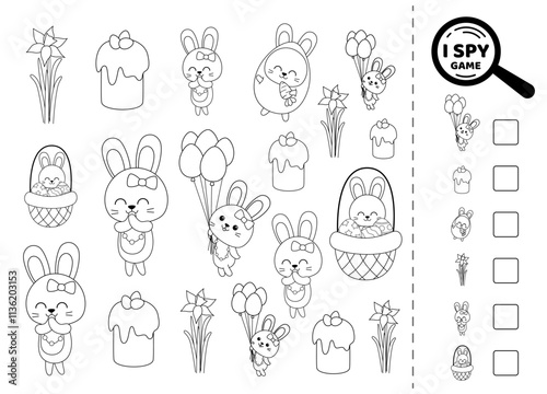 I spy black and white game for kids with girl rabbit. Search and count how many. Math game. Printable isolated vector illustration eps 10

