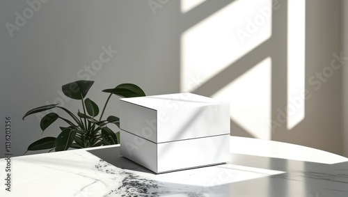 Minimalist interior, white room, small potted plant, ceramic planter, white cube furniture, sunlight and shadows, clean lines, modern aesthetic, peaceful ambiance, simplicity, indoor greenery, archite