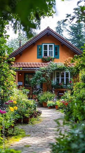 Charming orange house with blooming garden and stone pathway inviting visitors