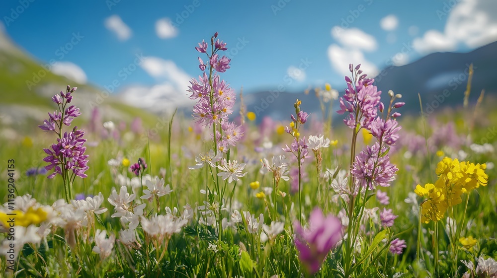 Fototapeta premium A vast field of multi-colored flowers stretches out in front of the blue sky. The atmosphere is calm and peaceful. The flowers give a sense of peace and tranquility.