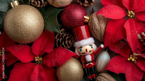 Festive holiday scene with red poinsettias, ornaments, and a nutcracker, perfect for Christmas decor inspiration.
