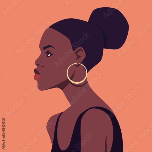 Portrait of a young african woman in profile.  Face of fashion model side  view. Abstract female portrait. Stock vector illustration in flat style.