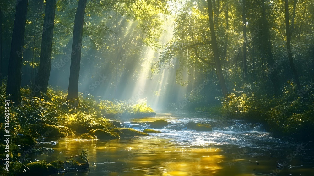 A stream of water flows through a forest, with sunlight shining through the trees. The scene is peaceful and serene, with the water reflecting the sunlight and creating a calming atmosphere A stream of water flows through a forest, with sunlight shining through the trees. The scene is peaceful and serene, with the water reflecting the sunlight and creating a calming atmosphere