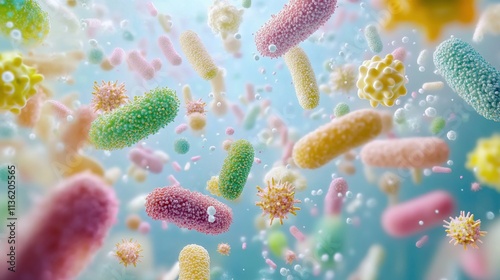 A group of colorful bacteria and probiotics in the background