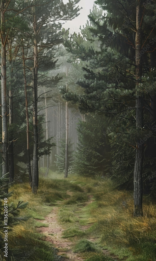 Fototapeta premium A serene, misty forest with tall trees and soft sunlight filtering through the canopy, creating a peaceful and mysterious atmosphere.