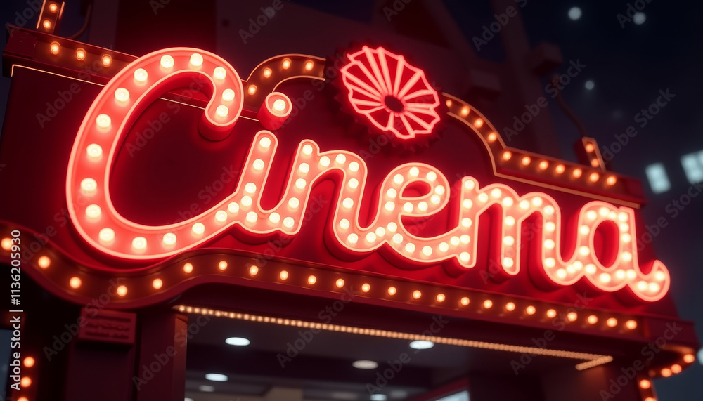 Cinema marquee with bright lights, vibrant signage, film industry representation Cinema marquee with bright lights, vibrant signage, film industry representation