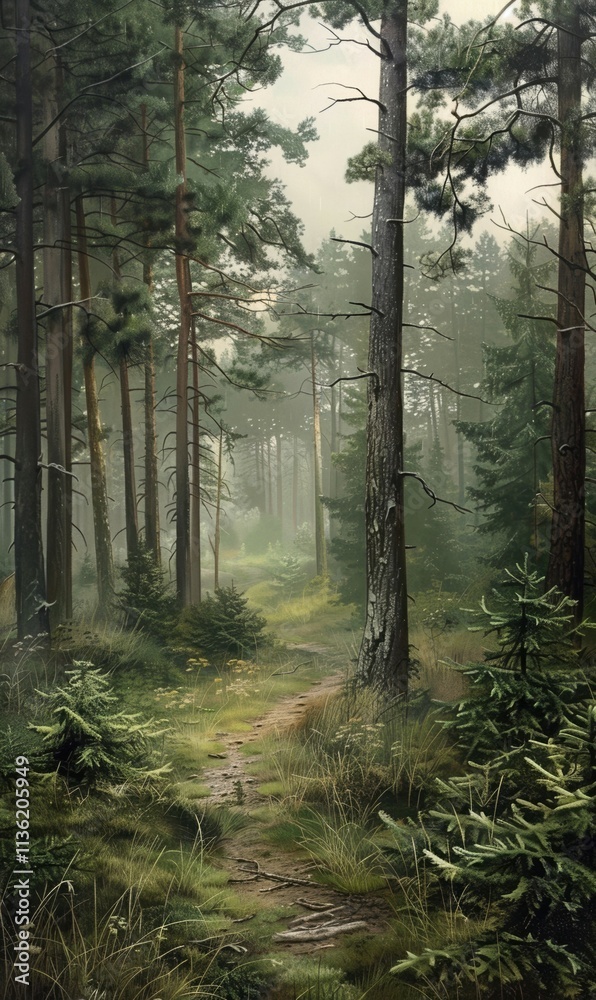 Fototapeta premium A serene, misty forest with tall trees and soft sunlight filtering through the canopy, creating a peaceful and mysterious atmosphere.